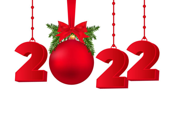 2022 Happy New Year with Red Ball, Leaf