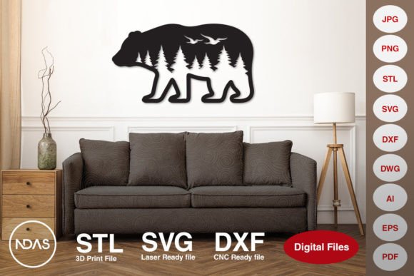 Bear with Forest and Bird Wall Decor: A Rustic-Crafted Design Asset